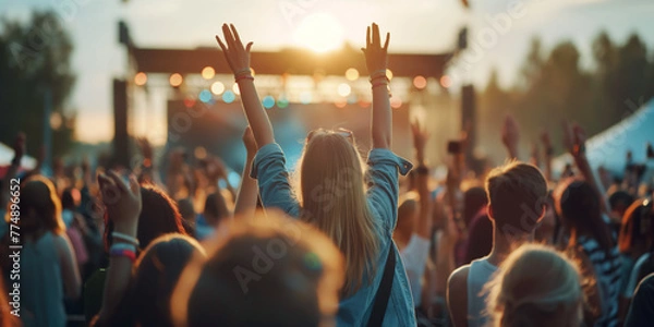 Fototapeta Crowd of people are at open air concert. People holding their hands up. Atmosphere is energetic and lively, with everyone enjoying music and performance.