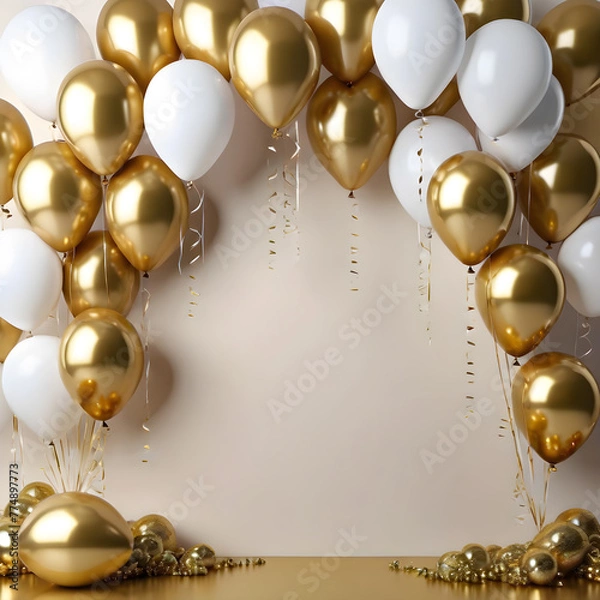 Fototapeta white and gold wedding balloons. copy space, text space. for postcards, banners