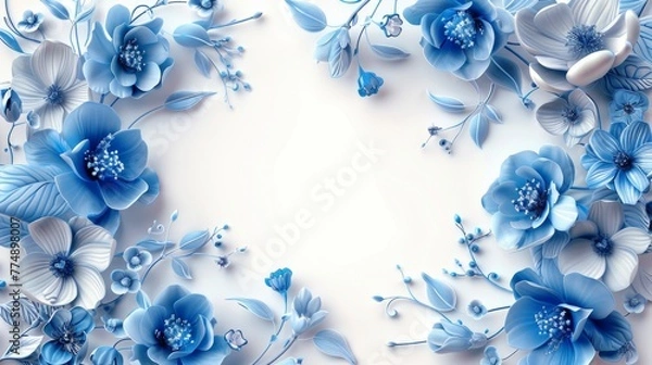Fototapeta Frame decorated with blue flowers and leaves, isolate on white background