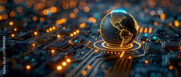 Fototapeta A glowing globe is on top of a computer chip, interconnections of the world