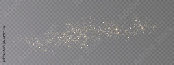 Fototapeta Light effect with many golden shiny shimmering dust particles isolated on transparent background. Vector star cloud with dust.