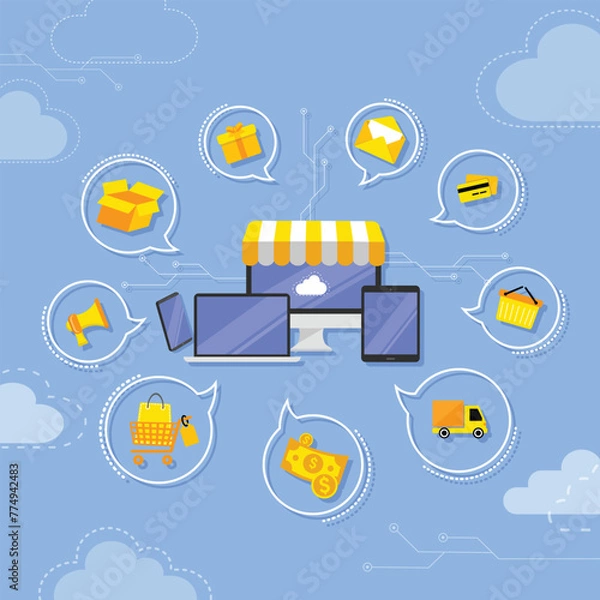 Fototapeta E- commerce background. Vector Computing and Data Cloud Technology Concept Design Background. Digital devices icon illustrations. Electronic devices and e commerce concept icons. 