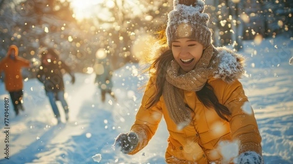 Fototapeta Woman in Snow Portrait with Christmas Hat and Fur, Smiling in Winter Wonderland