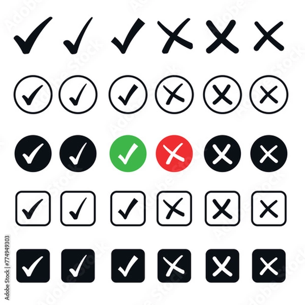 Fototapeta Check mark, cross symbols, flat styles, accepted agreement approved, button, cancel