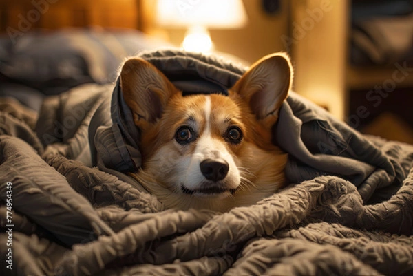 Fototapeta A horrified corgi wrapped itself in a blanket