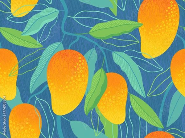 Fototapeta Bright tropical seamless pattern. Mango. Tropical exotic fruits and leaves on a blue background. Design for fabric, paper, print. 