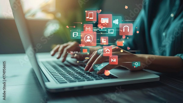 Fototapeta Hands interact with a vibrant array of virtual social media icons AI Generative.