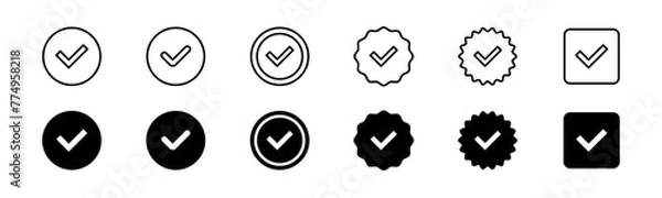 Fototapeta Checkmark in circle icon set. Checkmark tick icon set. Line and glyph check mark