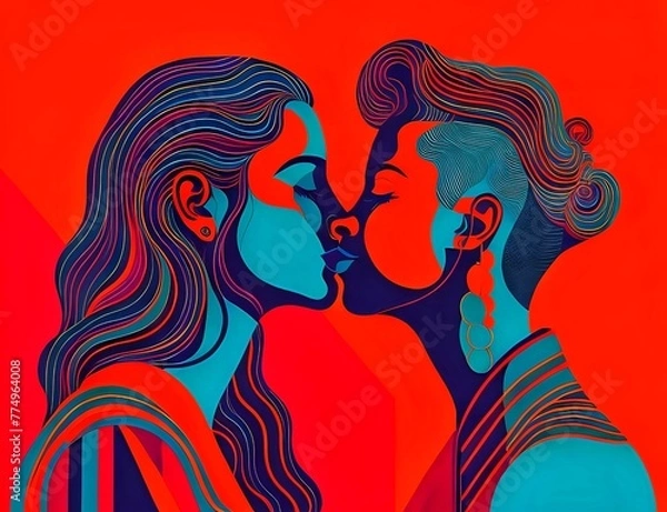 Obraz Embracing Love: Illustration of a Lesbian Couple Kissing