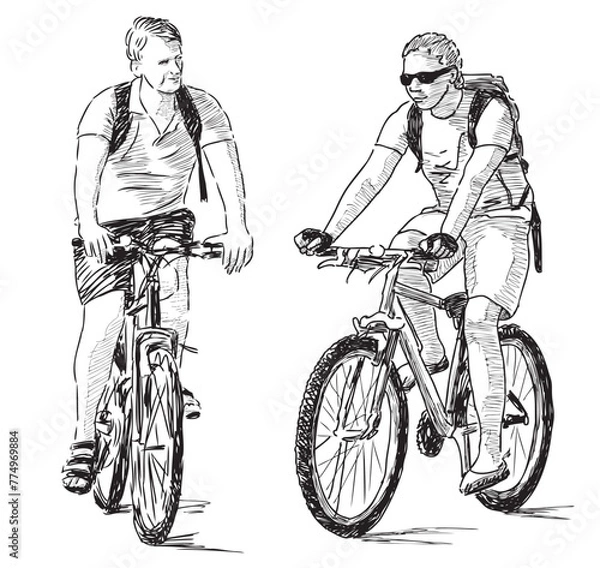 Fototapeta Cyclists riding bike on summer day, two young men, casual active sports city dweller, sketch, vector hand drawing isolated on white