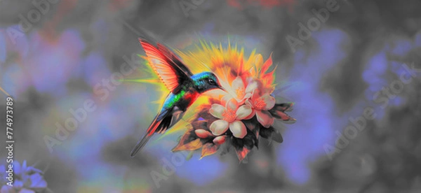 Obraz Hummingbird Feeding on Jasmine Flower Against Colorful Bokeh Blur Background
