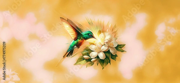 Obraz Hummingbird Feeding on Jasmine Flower Against Colorful Bokeh Blur Background