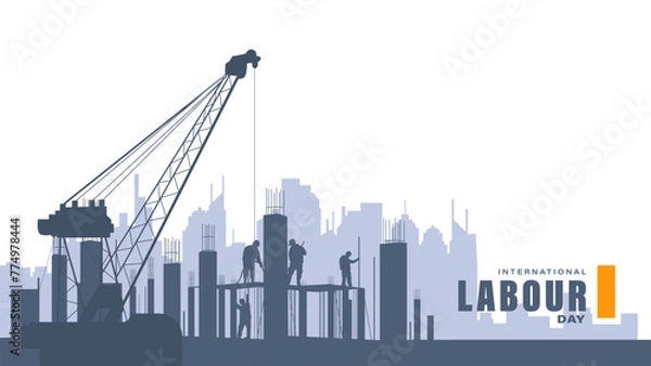 Fototapeta Labour day background design with construction workers and crane machine vector illustration