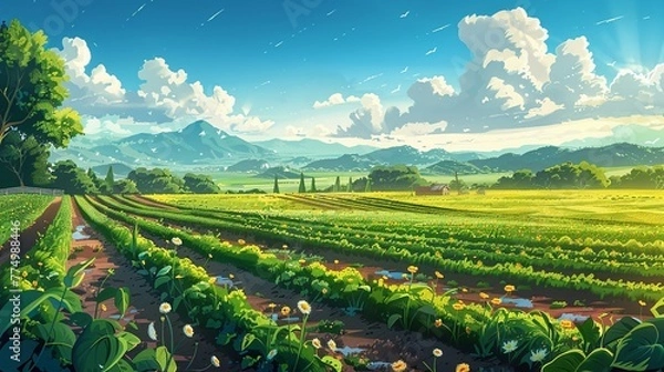 Fototapeta Illustrate a vibrant scene of regenerative agriculture, with fields of healthy crops growing in rich, fertile soil and surrounded by diverse plant and animal species