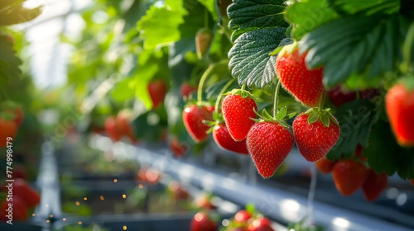 Obraz Ripe strawberries grown using hydroponics technology. Modern agricultural technologies, organic berries