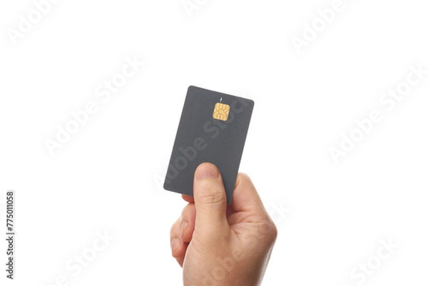 Obraz 완벽한 흰색배경에 회색 신용카드를 들고 있는 손