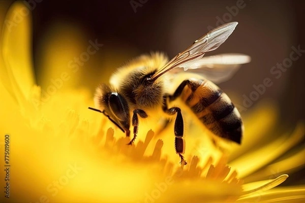 Fototapeta Beautifully Lit Macro Photograph of Bee on Yellow Flower