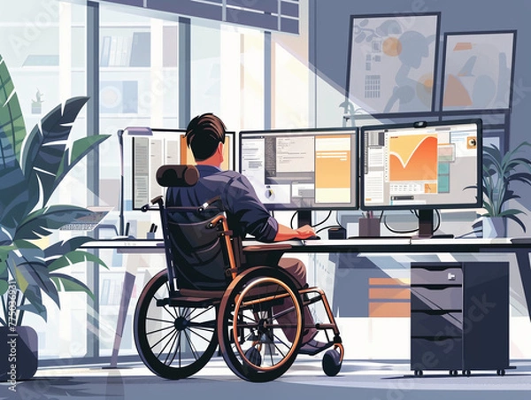 Fototapeta software developer in a wheelchair working at a multi-monitor computer setup in a bright, modern office. 