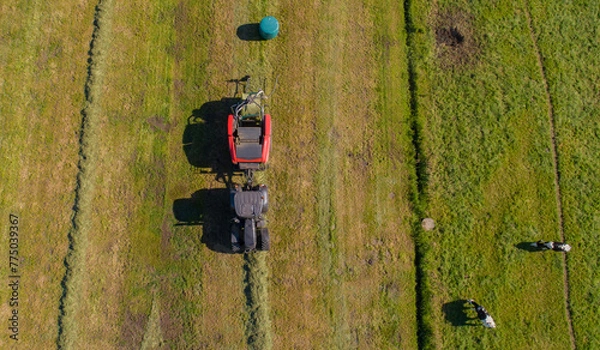 Fototapeta Schwarzer Treker oder Traktor mit einer roten Stroh Festkammerpresse bei der Strohernte auf einem gemähten Feld
