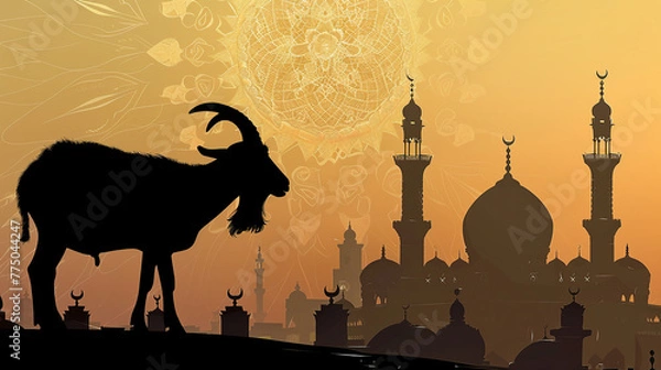 Fototapeta Eid Al Adha poster: Goat silhouette against mosque backdrop. AI generative
