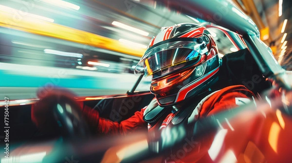 Fototapeta Inside a motor sports race car with the driver focused on the start of the race.