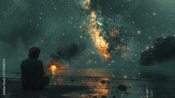 Fototapeta a man about 30 years old was sitting on the beach. AI generative