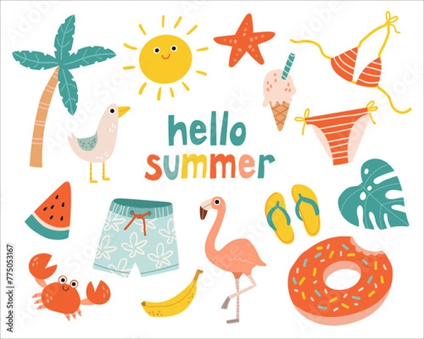 Fototapeta Set cute summer holiday beach elements. Hello summer lettering. Cartoon vector illustration isolated on white background.