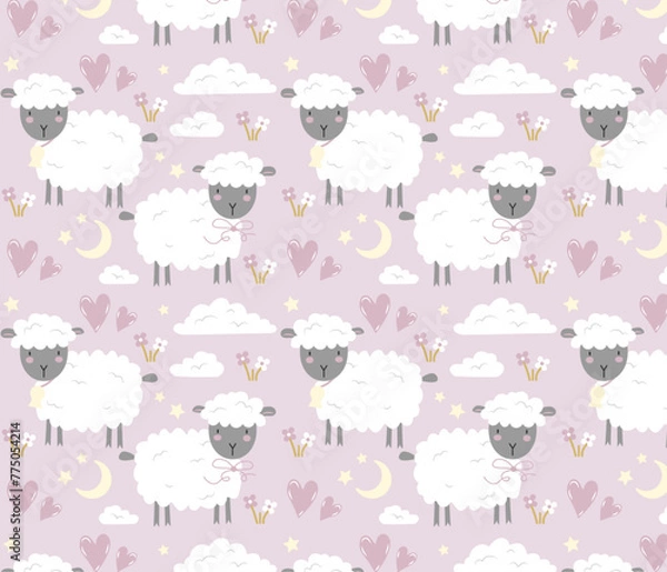 Fototapeta Pink Girly Seamless Pattern for Children with Sheep, Clouds, Hearts in Cute Style