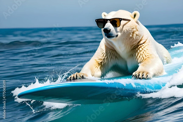 Obraz A polar bear surfing in the sea wearing sunglasses. Generative AI