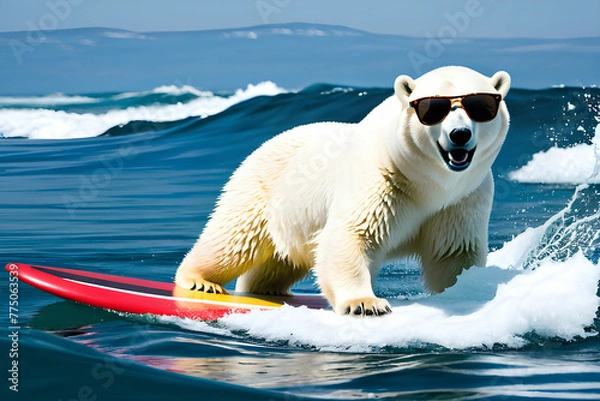 Obraz A polar bear surfing in the sea wearing sunglasses. Generative AI