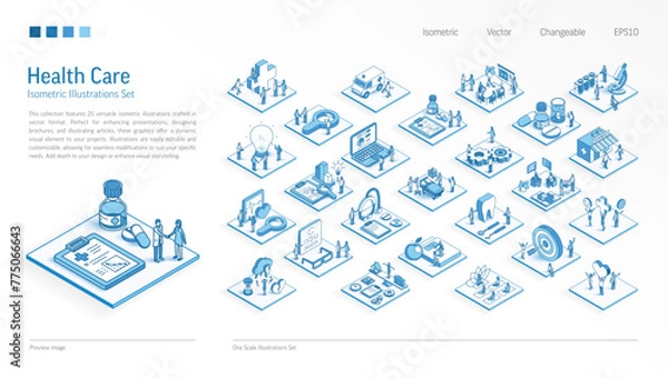 Fototapeta Healthcare Business Isometric illustrations set. Busy people teamwork 3d medical scenes. Men, women hospital work team. Vector Infographic, presentation design. Mental health, doctor care icon concept