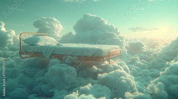 Fototapeta Surreal image of a floating hospital bed in a cloudy sky, dreamlike and ethereal atmosphere, soft pastel colors
