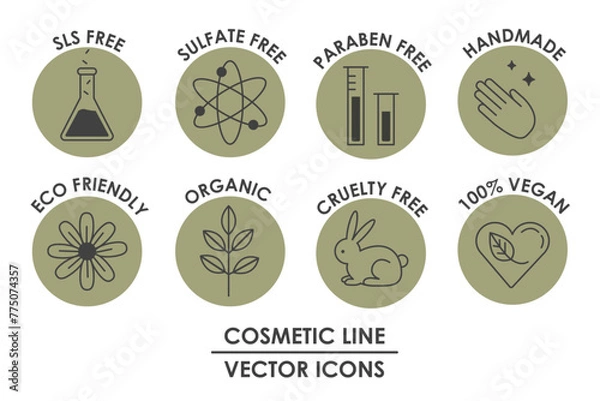 Fototapeta Vegan Organic Cosmetic Line Icons Set in Flat Style Black and Green