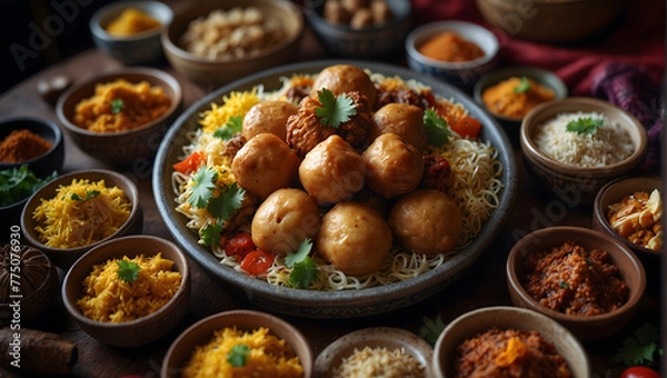 Obraz Southeast Asian traditional delicacies served to commemorate Eid al-Fitr, including bakso (meatball soup) and an array of other regional specialties.