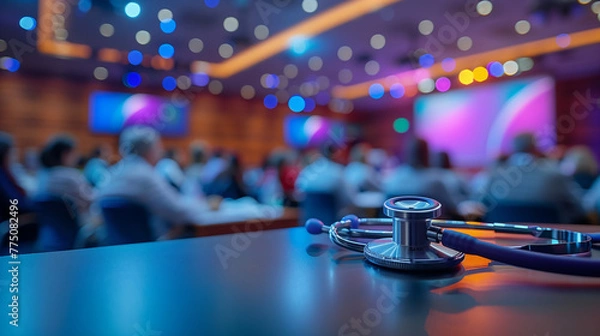 Fototapeta Close up of stethoscope on the background of conference room full of doctors and medical personal hearing the medical presentation 