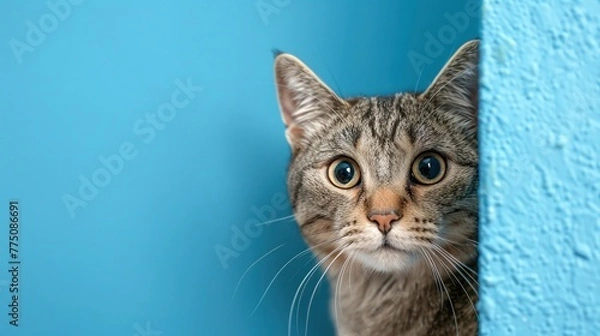 Fototapeta A cute cat peeks out from behind a corner on a blue background, with copy space