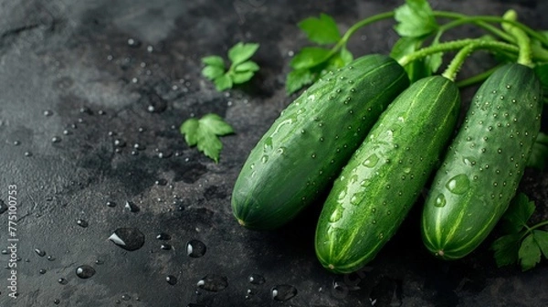 Fototapeta Fresh cucumber on the black backgrounds top view. Organic cucumber. Food concept. Fresh concept. Cucumber concept. Organic concept. Farm concept. Cook concept. Juicy concept.