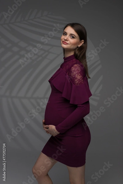 Obraz fashion model posing, portrait of a pregnant woman, pregnant woman in dress stands on a grey background close up, fashion pregnant model, pregnant woman stands on a grey background, studio shoot
