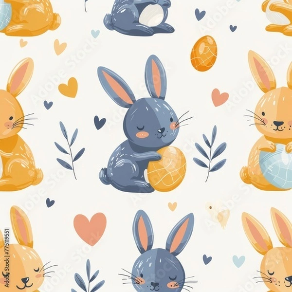 Fototapeta Easter eggs and bunnies Seamless pattern. Easter watercolor basket with eggs and bunny. Watercolor spring rabbit. Easter 2024 illustration