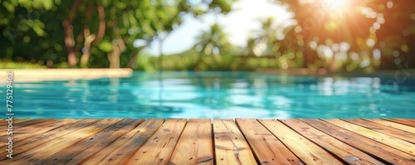 Fototapeta Abstract background with a wooden table top and a blurred swimming pool in the summer garden. A colorful wood floor for product display, a tropical beach, vacation concept.