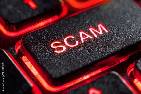 Obraz Close up red LED glowing keyboard scam button 