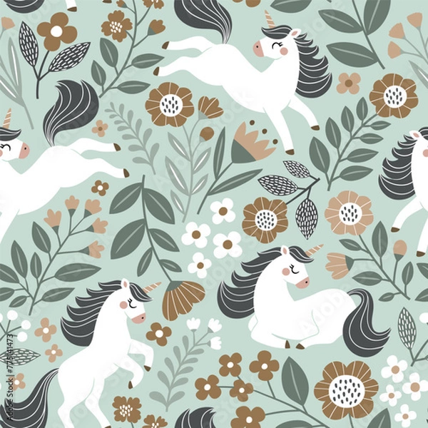 Fototapeta Seamless vector pattern with cute hand drawn unicorns on floral background. Perfect for textile, wallpaper or print design.