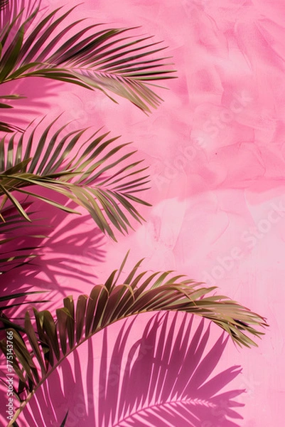 Fototapeta Pink background with palm leaves, Copy space.
