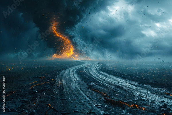 Fototapeta Dramatic Volcanic Eruption with Lightning in Ash Cloud.