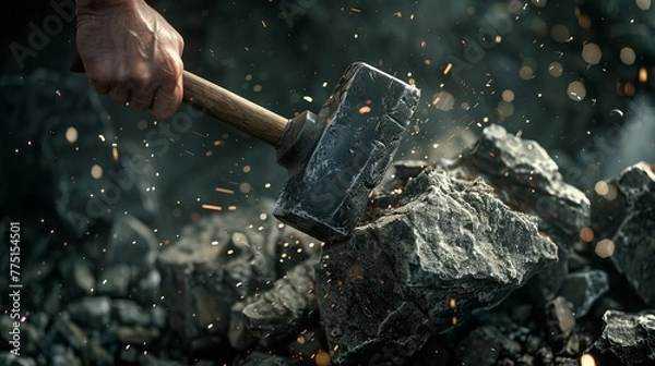 Fototapeta Close-Up of a Hand Holding a Hammer Striking Rocks with Sparks Flying, Capturing the Moment of Impact