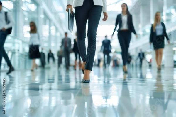 Fototapeta Blurred background of business people walking in the office, blurred motion and focus on foreground business woman wearing a suit holding a file or documents