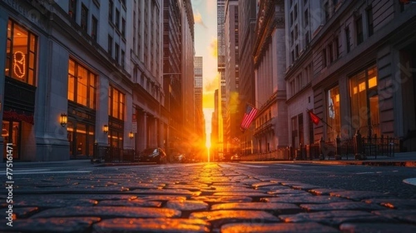 Fototapeta A city street with a large building in the background. The sun is setting and the sky is orange
