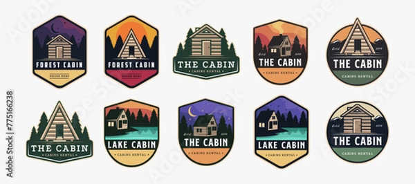 Fototapeta Set of Vintage modern outdoor badge emblem patch cabin in nature logo icon vector, cottage hut cabin logo template on dark background