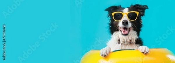 Obraz Happy dog in sunglasses with inflatable ring on blue background, banner for summer vacation concept. Space for text.
