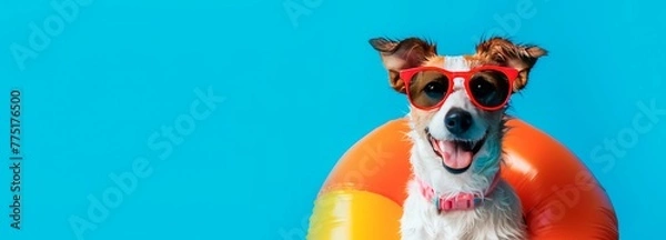 Obraz Happy dog in sunglasses with inflatable ring on blue background, banner for summer vacation concept. Space for text.